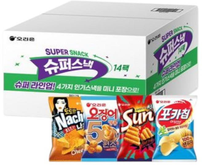 [오리온] 슈퍼스낵 14팩 (포카칩30g 3개 + 도도한나쵸 치즈맛50g 3개 + 썬 핫스파이시48g 4개 + 오징어땅콩 84g 4개), 30g