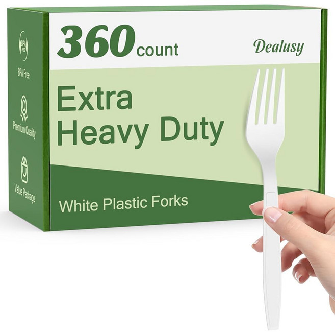딜루시 360 카운트 엑스트라 헤비 듀티 블랙 플라스틱 포크 일회용 BPA 프리 내열성 견고하고 내구성이 뛰어난 벌크 파티 용품용 프리미엄, White, 1개, White