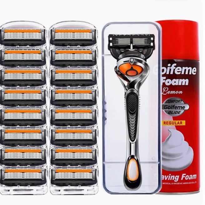 吉利剃鬚刀手動刮鬍刀刮毛刀旋轉跨境五層刀片通用刮鬍刮臉剃鬚刀, 1個, 橙黑刀頭16個＋刀架1支+收納盒+泡沫:黑橙