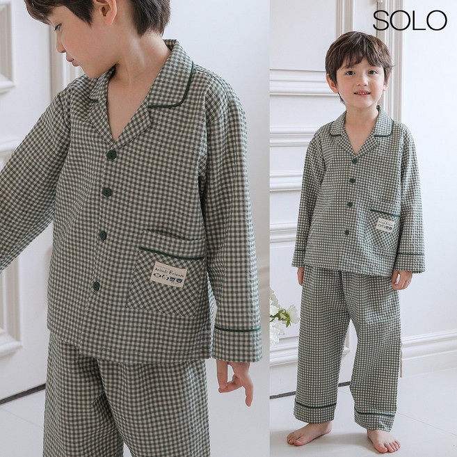 남아 체크 카라 잠옷 아동 초등학생 키즈 어린이 주니어 그린 국산