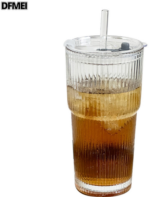 DFEMI 冷飲杯果汁咖啡杯帶蓋帶吸管豎條紋玻璃杯水杯大容量, 1個, 【4只裝】光杯+蓋+吸管:耐高溫玻璃