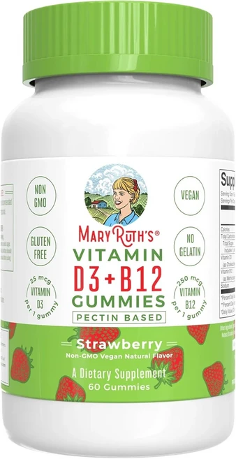 메리루스 오가닉스 비타민 D3 & B12 젤리 딸기맛 60개 비건, 1개, 60정 - 쿠팡