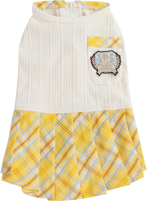 유앤펫 하이틴 체크 스쿨룩 원피스 중형견 대형견옷, 옐로우, 1개