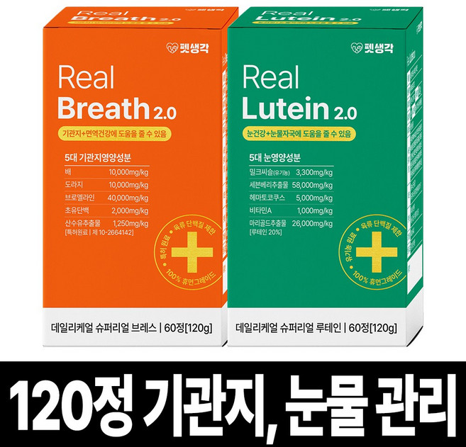 펫생각 강아지 기관지 눈 눈물 영양제 루테인 백내장 녹내장 눈노화 시력저하 기침 협착증 면역력 호흡기 보조제 2종세트, 1세트, 종합영양제