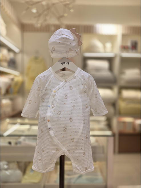 [아가방]강남점* 동물 패턴이 귀여운 포인/통기성 좋은 여름 쟈가드 신생아 배내우주 모자세트/안심 무형광 면100%