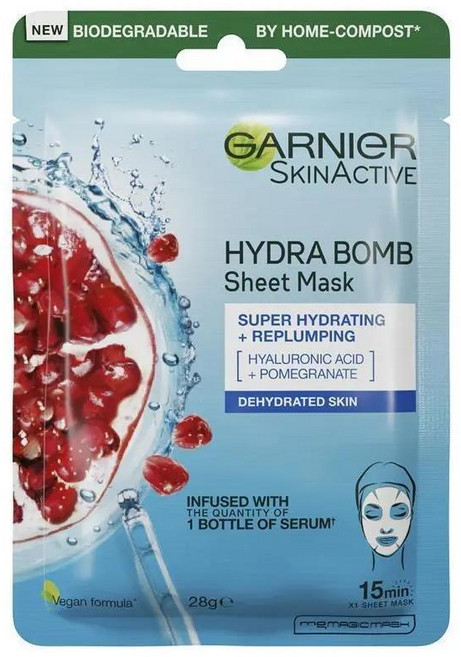 호주 가르니에 Garnier Hydra Bomb Sheet Mask 하이드라 밤 히알루론산 + 석류 시트 마스크, 12개