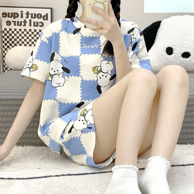 棉質睡衣 女 夏季短袖短褲 圓領 可愛 家居服套裝