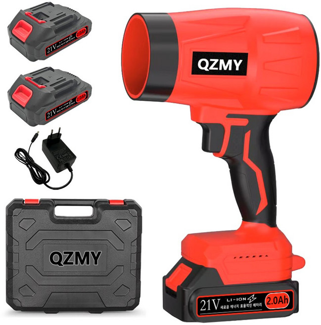 [QZMY] 21V 초강력 무선 에어건 휴대용 충전식 강력 무선 미니 터보 핸디 송풍기 300000 RPM 고출력 낙엽 청소 송풍기 가정용 다용도, 1세트 (공구함+2.0AH 배터리2개)