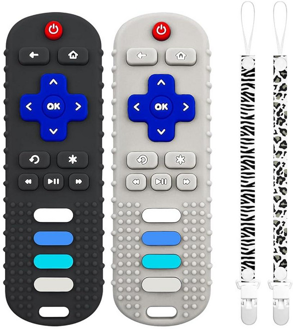 3팩 아기 치발기 장난감 - TV 리모컨 모양 실리콘 유아 치발기 장난감 6-12개월 아기용(블랙&딥 레드 & 베이지), 2개-색상01, 1개