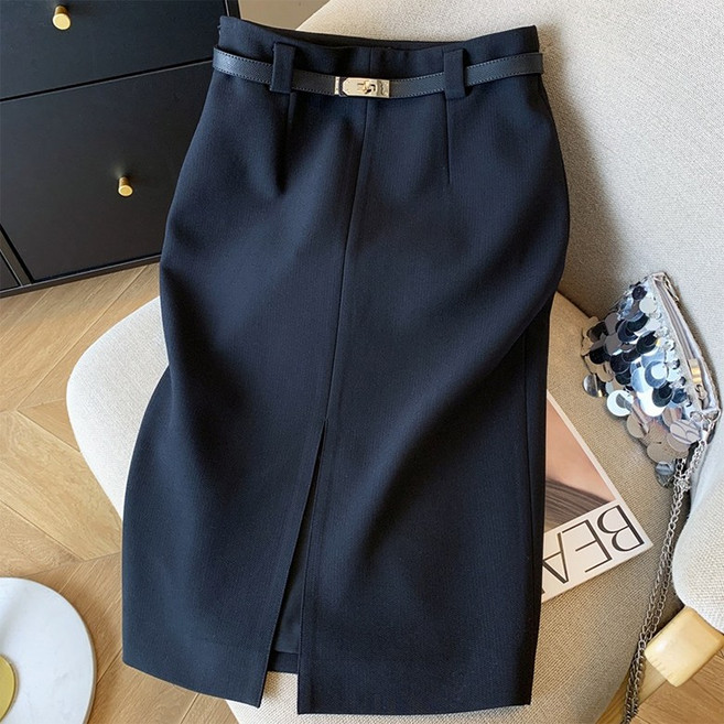 ORZQU 여성 정장 스커트 슬림핏 밑단 트임 H라인 미디 스커트+벨트 세트