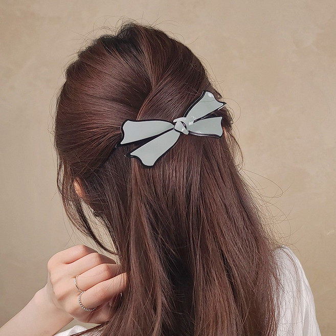 초콜리트쥬얼리 나리 8컬러 프랑스핀 셀룰로오스 배색 리본 반머리 자동 헤어핀