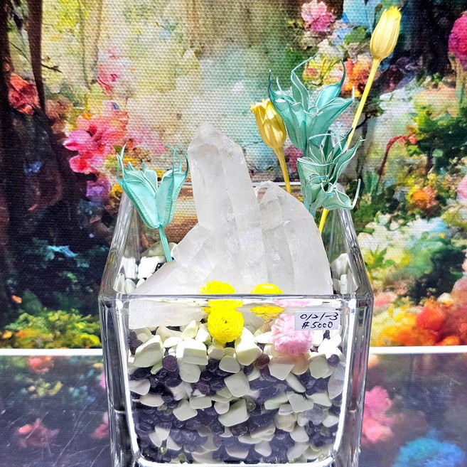水晶盆栽0121-3號 美國阿肯色州母子水晶白水晶簇 紅石榴、檸檬玉髓、橄欖石 風水缽