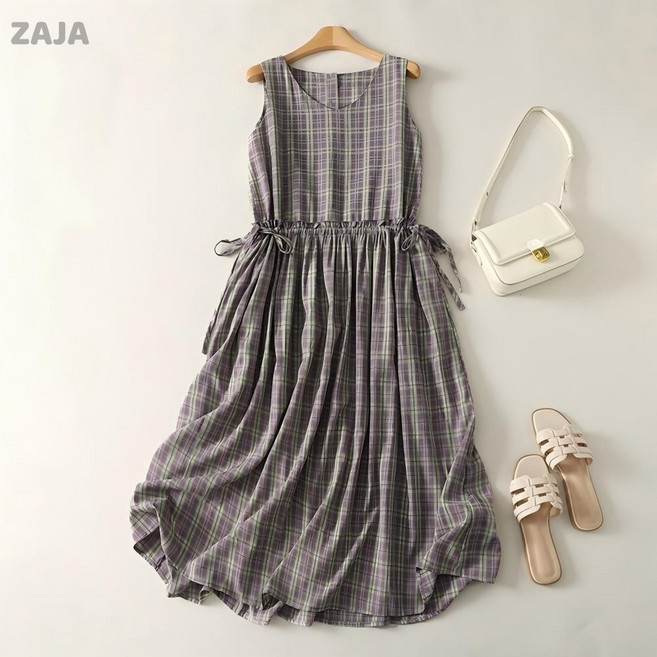 ZAJA 여성 여름 체크 원피스 민소매 미디 기장 휴양지룩