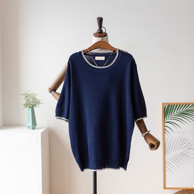 코코세븐 여성 빅사이즈 배색 애리 라운드넥 루즈핏 비스코스 니트 반팔 티셔츠