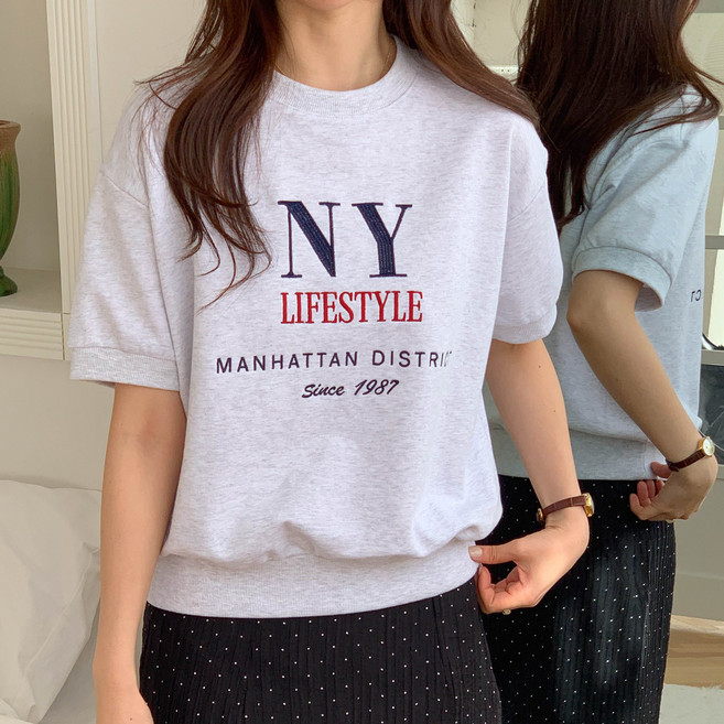 여성 뉴욕 자수 레터링 반팔 맨투맨 데일리 캐주얼 스웨트셔츠