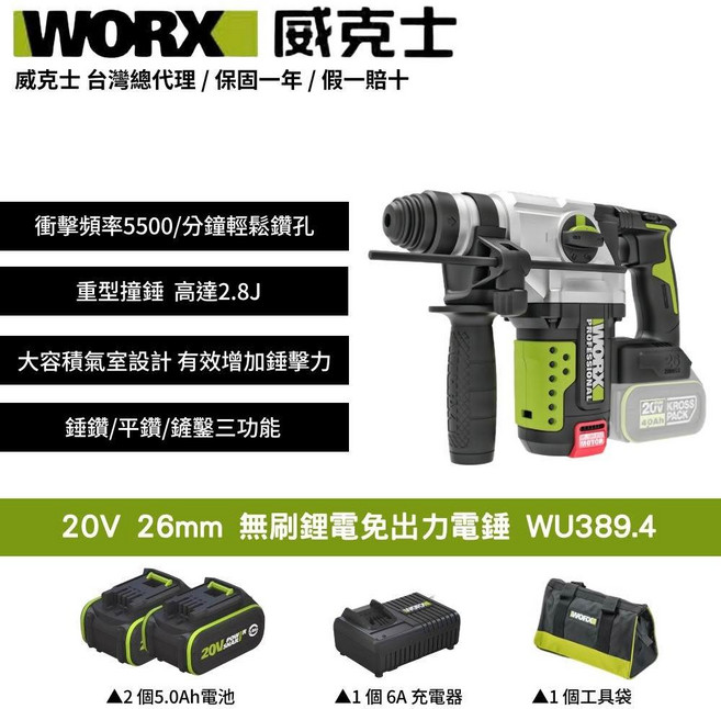 WORX 威克士 20V 26mm 無刷鋰電免出力電鎚 WU389.4 衝擊頻率5500次/分鐘 重型撞鎚2.8J 大容積氣室設計, 1個