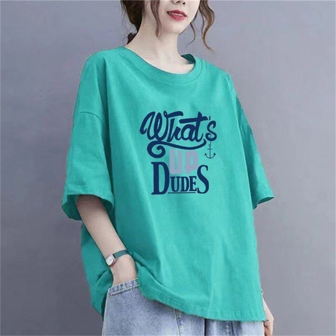 Vezri 여성용 봄 여름 중년 엄마 옷 빅사이즈 루즈핏 레터링 프린트 캐주얼 반팔 티셔츠 W66