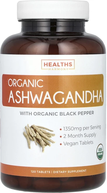Healths Harmony 유기농 아슈와간다 1350mg 120정(1정당 675mg), HealthsHarmony유기농아슈와간다1350mg12, 1개, 120정 - 쿠팡