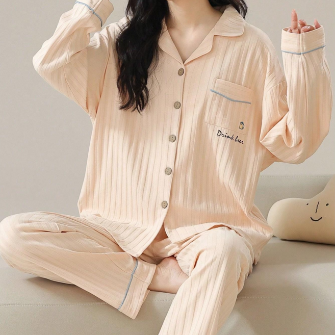 여성용 단색 라펠 카라 버튼 포켓 긴팔 긴바지 2피스 파자마 홈웨어 세트
