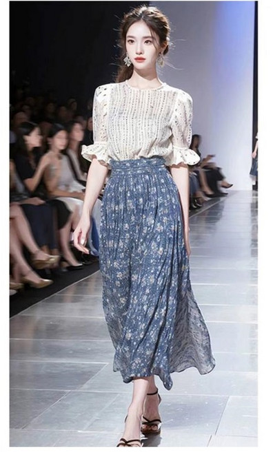 비아이와이 여성 여름 벌룬 반팔 티셔츠+플라워 스커트 투피스 세트 DH1309