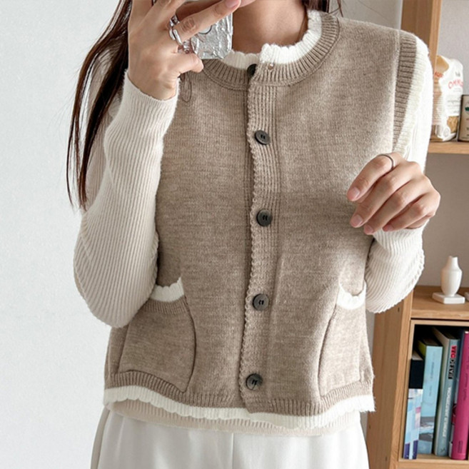 [포에베] 배색 프릴 니트 베스트 PIKTA942