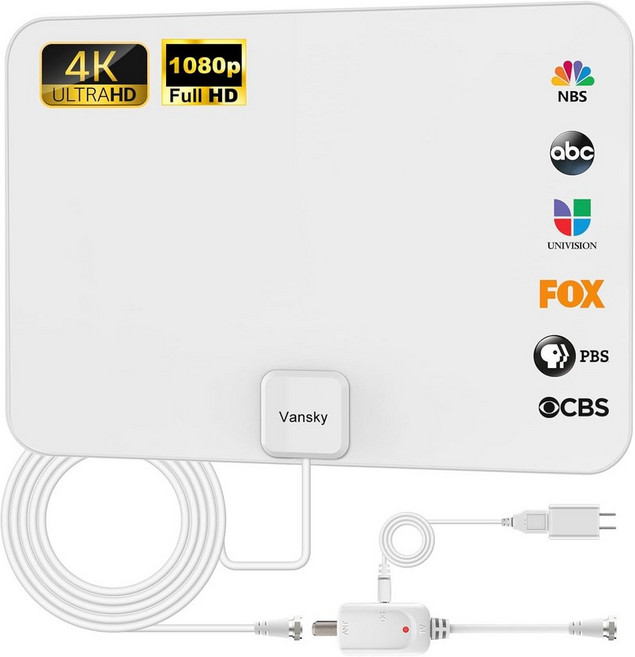 TV 안테나 실내 디지털 증폭 HDTV 1080p VHF UHF 텔레비전 로컬 채널 분리형 신호 증폭기 및 16.5피트 길이의 동축 케이블, White