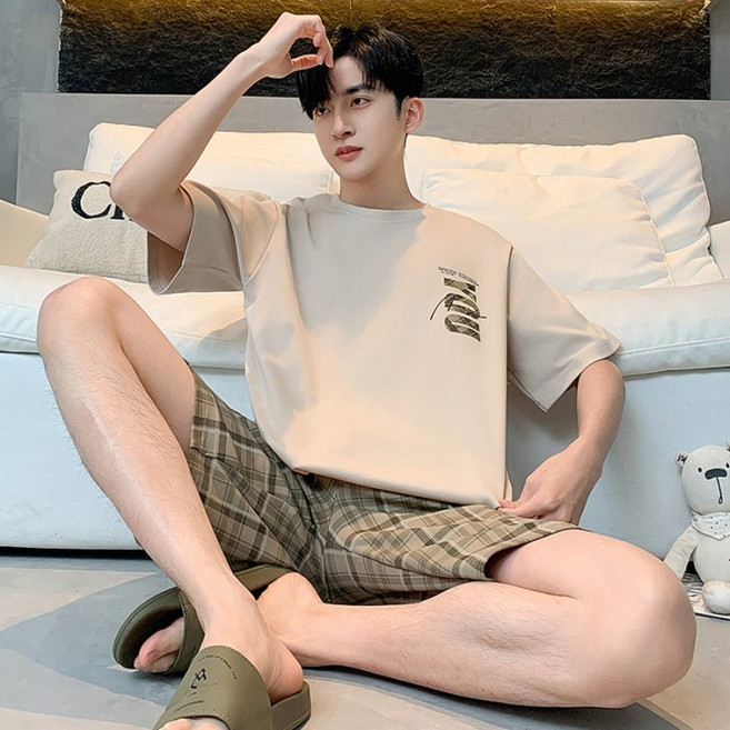 男士100%純棉短袖夏季睡衣套裝