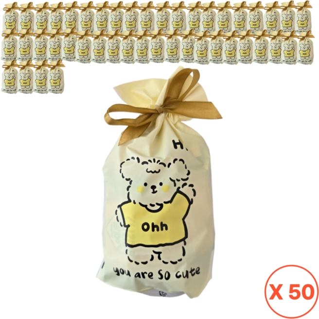 해피쇼핑 구디백 비닐 선물봉투 단체 어린이집 생일 간식 답례품 포장 과자 사탕 복주머니, 50개, 하이 곰돌이