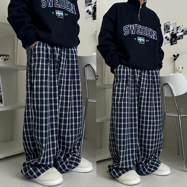 르위 빅사이즈 체크 홈웨어 와이드 벌룬 팬츠