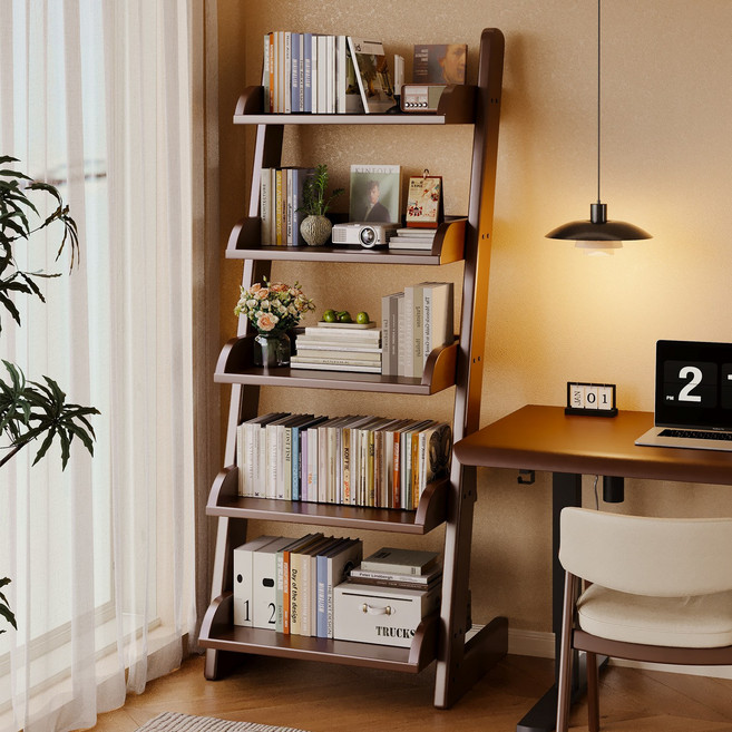 우드넥스 따뜻한 색상 원목 책꽂이 수납장 가구 거실 서재 책장 장식장 5단 높이조절 159*70*40.5CM, 파인우드