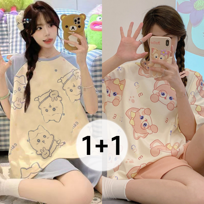 ORVIA 1+1 여성 여름 잠옷 귀여운 동물 패턴 반팔 반바지 파자마 홈웨어 상하세트