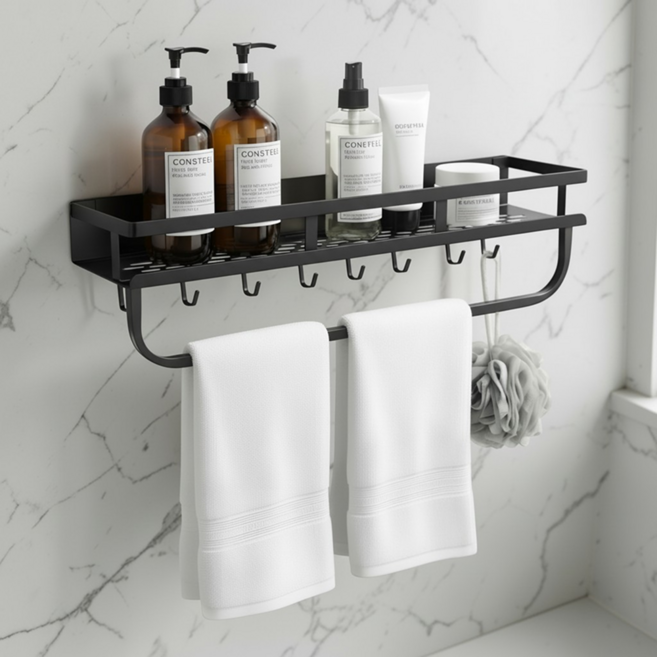 온리온라인 욕실 무타공 수건걸이 다용도 일자형 수납 선반, 블랙