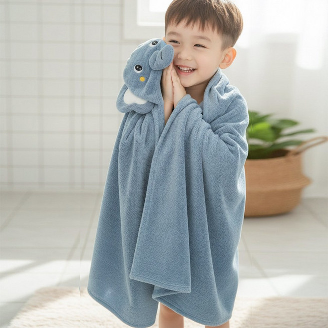 달콩슈 아동용 귀염뽀짝 후드형 목욕타월 비치가운 수건 대형 DWT044, 1개, 블루