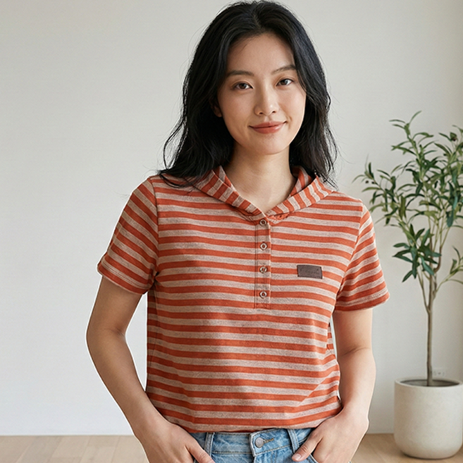 데일로엔 여성 여름 데일리 스트라이프 단가라 후드 반팔 티셔츠