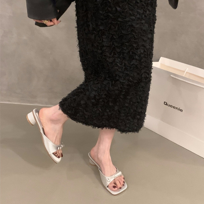 크레스티 여성용 스커트 리본 샌들 여름 베이직 일상 슬리퍼 굽3CM