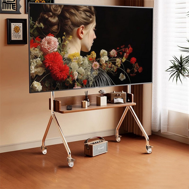 Bornoon 이동식 스탠드 티비 거치대 원목 오크 선반 무포름알데히드 32-75인치, 원목 오크 선반 32-75인치 스테인리스강관, 1개