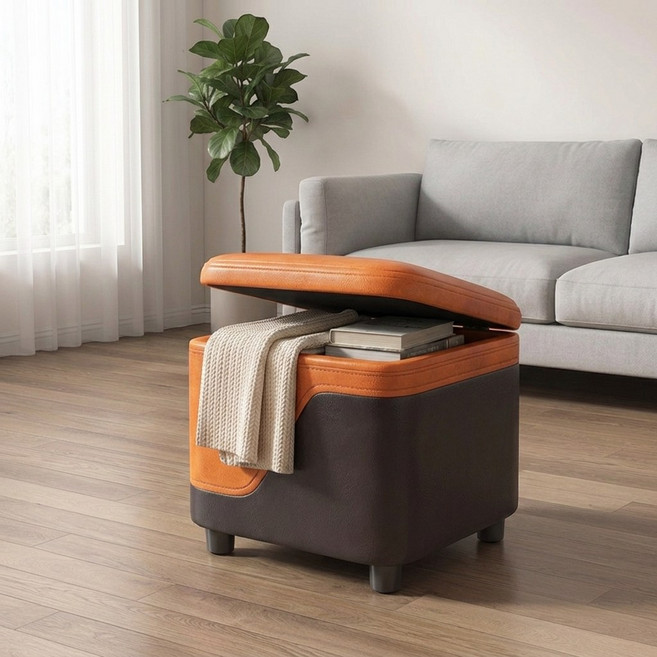 BIKASU 다용도 수납 스툴 쇼파 사각 가죽 현관 의자, 오렌지, 1개
