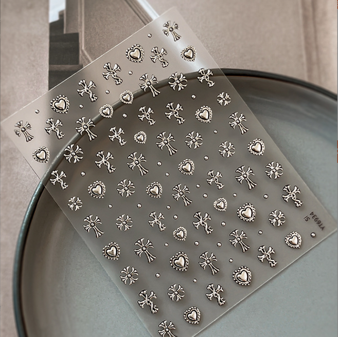 총총마켓 고퀄리티 네일 아트 스티커 고스 펑크 십자가 빈티지 명품 스타일, 1개, 실버 크롬 하트