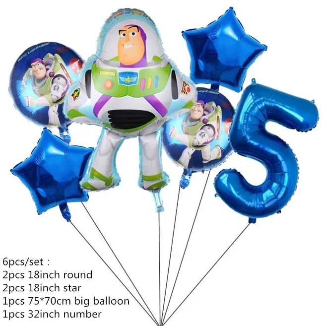 버즈 라이트 이어 영화 테마 생일 풍선 배너 케이크 토퍼 세트 어린이 파티 일회용 컵 식탁보 용품, 01 기타, 06 Balloons 6pcs