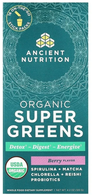Ancient Nutrition 유기농 슈퍼 그린스 베리 휴대용 스틱팩 16개 각 7.5g, 1개, 16회분 - 쿠팡