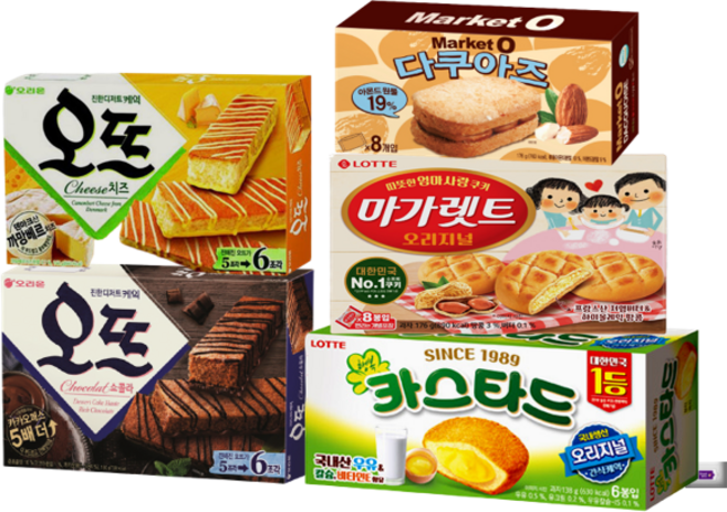 오뜨쇼콜라(6개)+오뜨치즈케이크(6개)+마켓오 다쿠아즈(8개)+카스타드(6개)+마가렛트(8개)+그레잇물티슈(10매), 1개