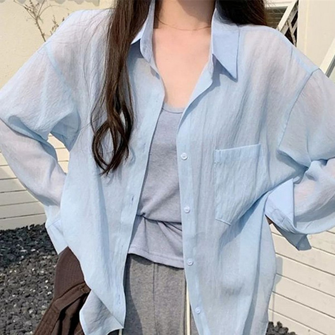 슬림소녀 여성 여름 얇은 비침이 있는 시원한 셔츠 디자인 캐주얼 루즈핏 에어컨 블라우스 코트