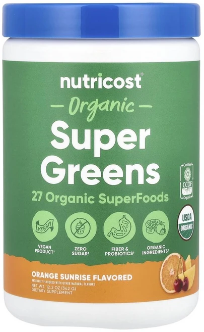뉴트리코스트 오가닉 슈퍼 그린 오렌지 선라이즈 Nutricost Organic Super Greens Orange Sunrise 342g, [현지직배송] Powder, 1개 - 쿠팡