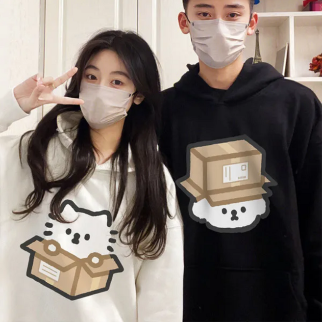 1+1 남성 여성 고양이 강아지 프린트 오버핏 커플맨투맨 빅사이즈 후드티 봄 가을