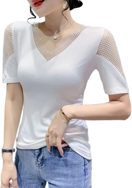 라인댄스복 상의 라틴댄스복 브이넥 큐빅 펀칭 반팔 티셔츠