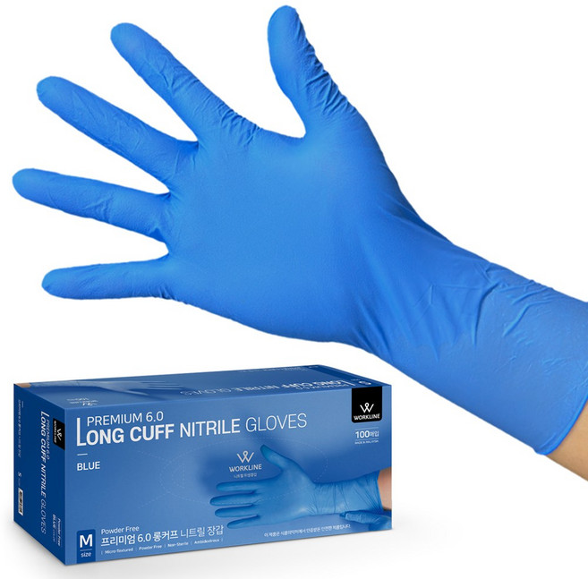손목긴 롱 니트릴장갑 프리미엄 6.0 / 파우더프리 100매 [식품용/FDA/CE/ASTM인증], 블루, M, 1개
