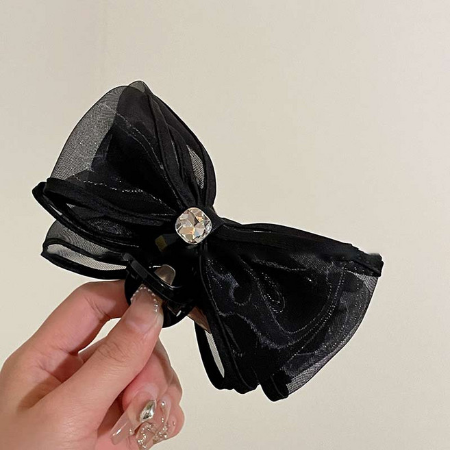 워더미 쉬폰 리본 큐빅 포인트 올림머리 빅사이즈 블랙 집게핀 F504