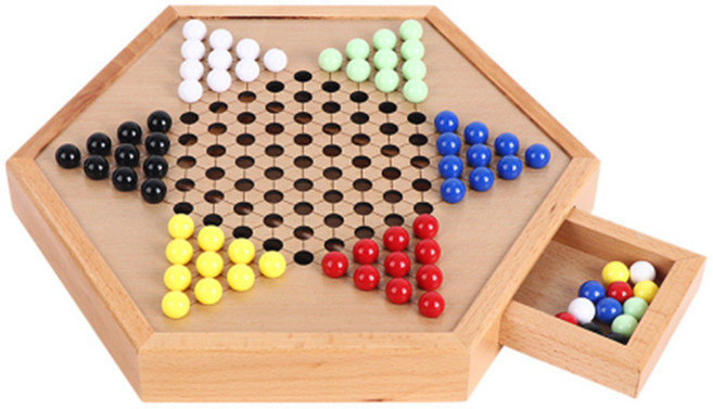 DIU 跳棋木棋盤棋類遊戲玩具益智桌遊親自互動多種款式一, 1個, 六角抽屜式櫸木亞克力:如圖