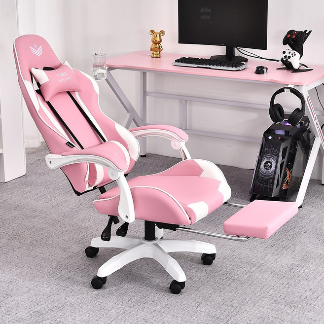 아우스 브이렉스 게이밍의자 컴퓨터의자 발받침 포함, 핑크
