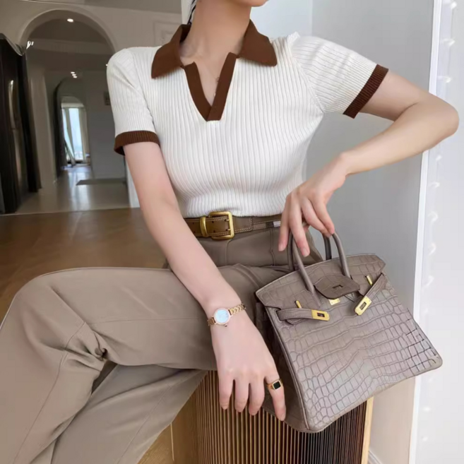 여성용 카라 반팔 타이트 브이넥 니트티